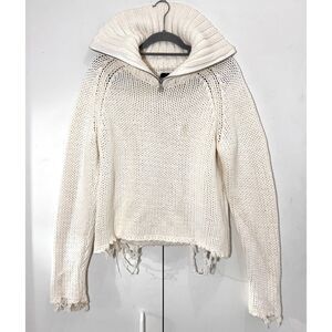 R+ A Sweater Womens L Chunky High Neck 1/4 Zip Ivory Distressed Pullover FLAW